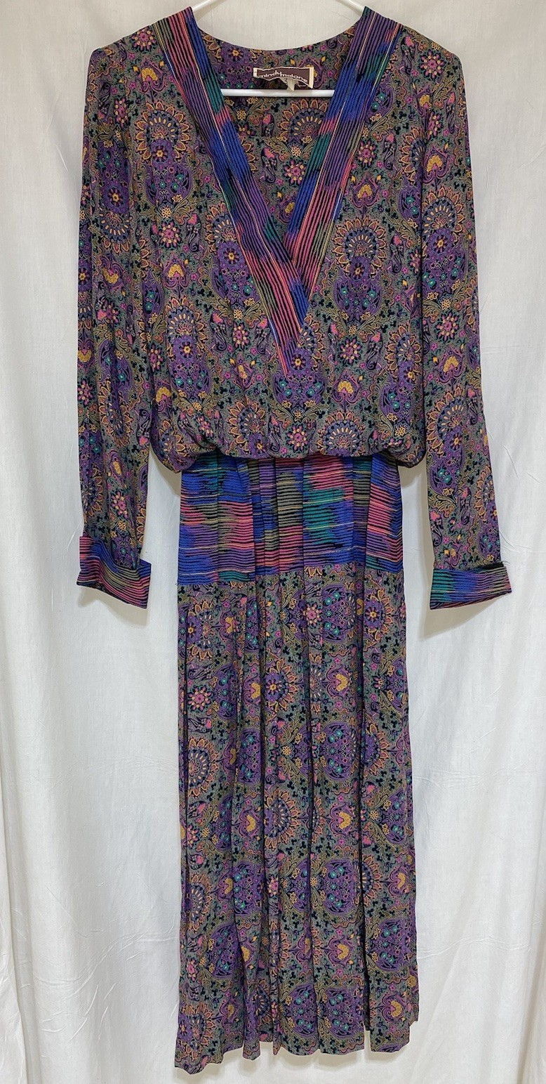 Vintage 1990s Mindy Malone Retro Multicolor Pleated Dress Size 4 Boho Secretary