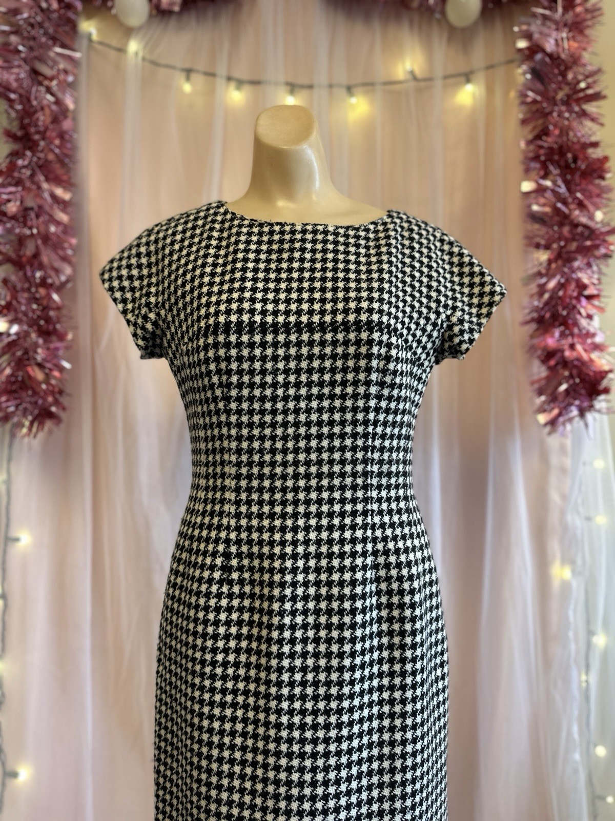 Vintage 60s Mini Dress Black White Houndstooth Preppy Mod Wool S