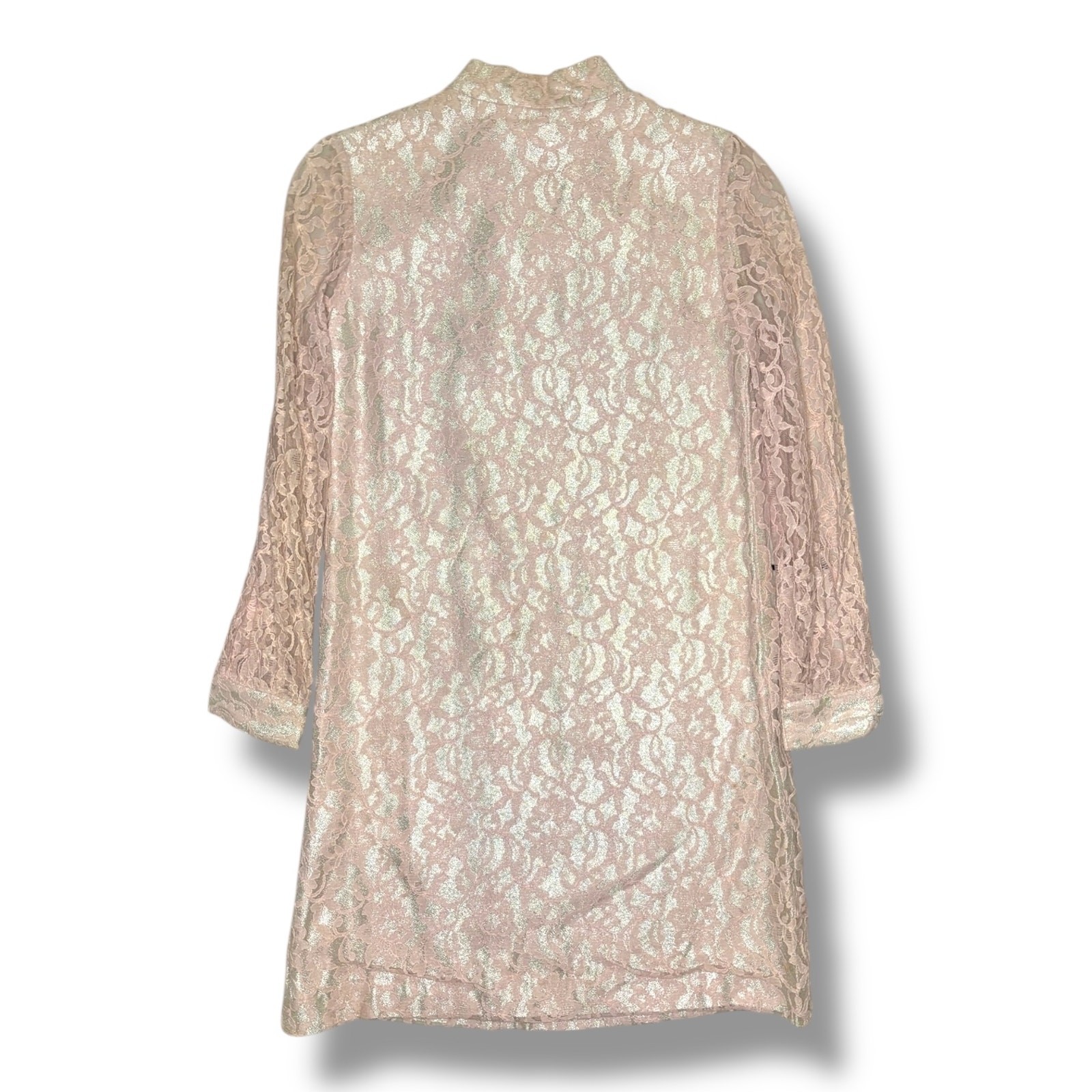 Vtg 60s Pink Metallic Lace Mini Dress S/M High Neck Mod Party Go-Go Sheer Sleeve