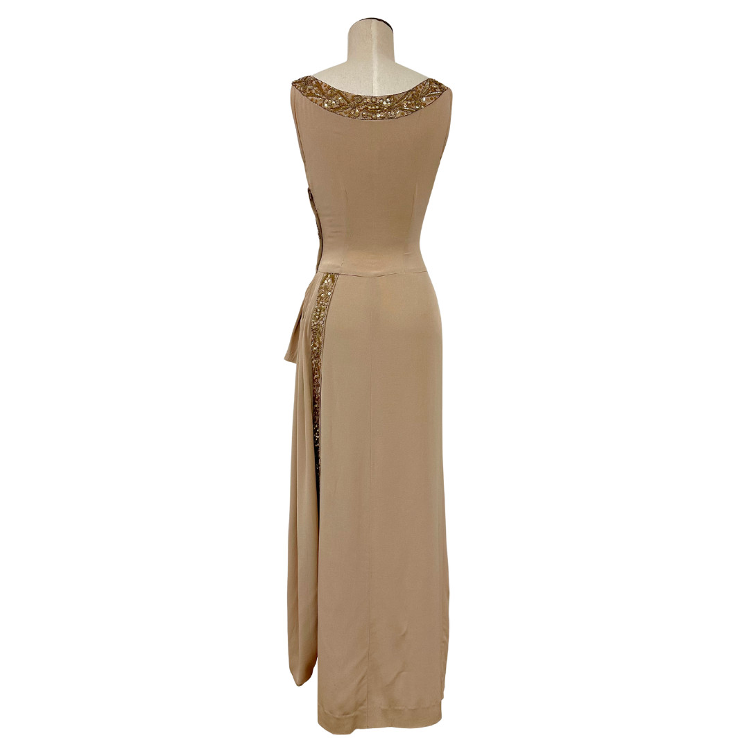 Vintage 1930s Draped Beige Sequin Hollywood Glamour Art Deco Evening Gown