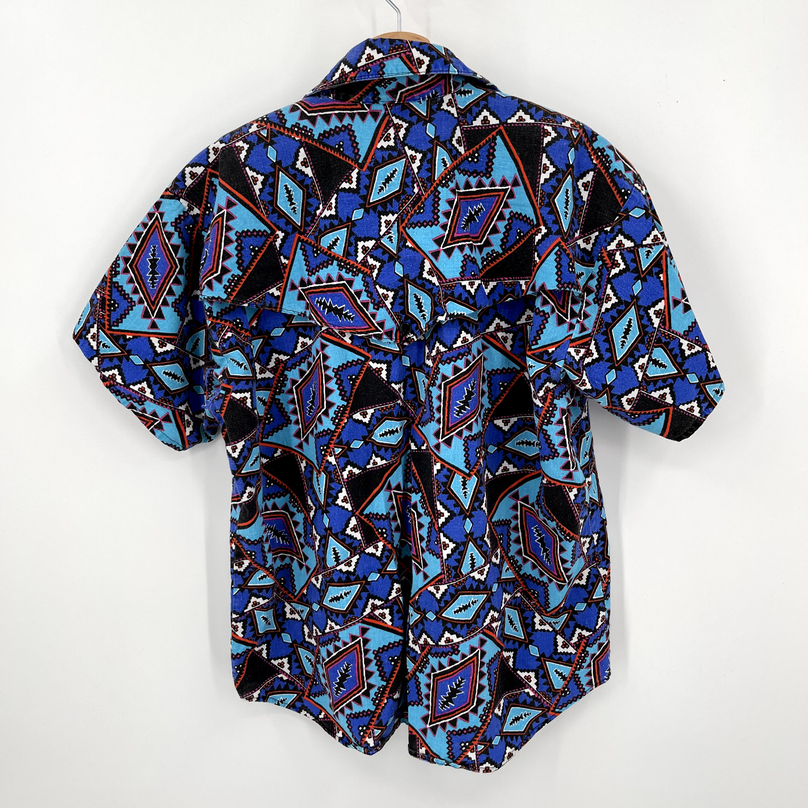 Vintage 80s Sas’sa Western Aztec Rodeo Short Sleeve Button Up Shirt Womens Sz XL