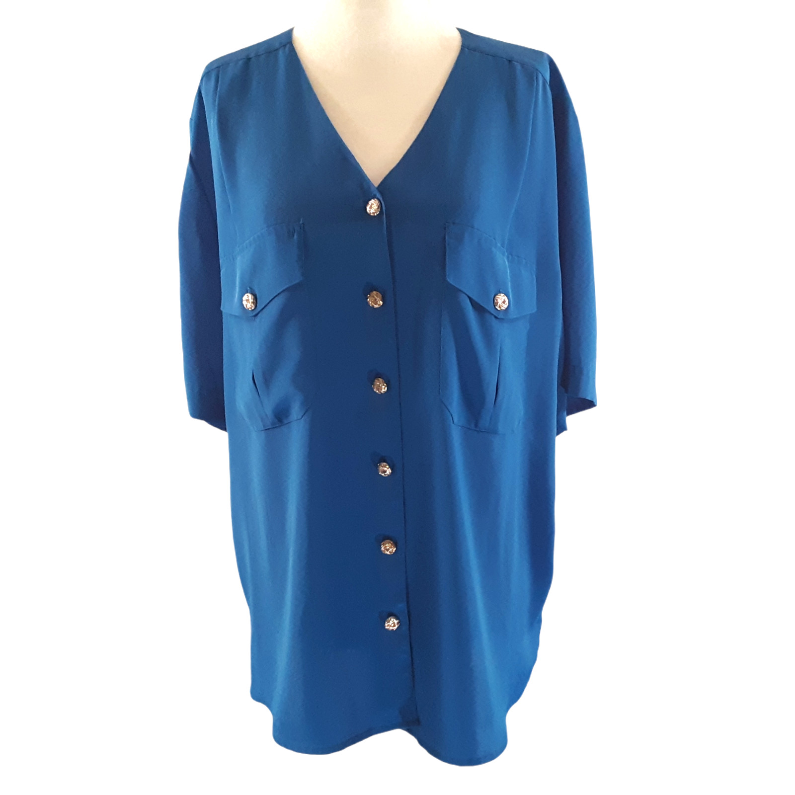 Ship 'N Shore Career Dress Blouse Top Size 14 Blue Classic Metal Buttons Pockets