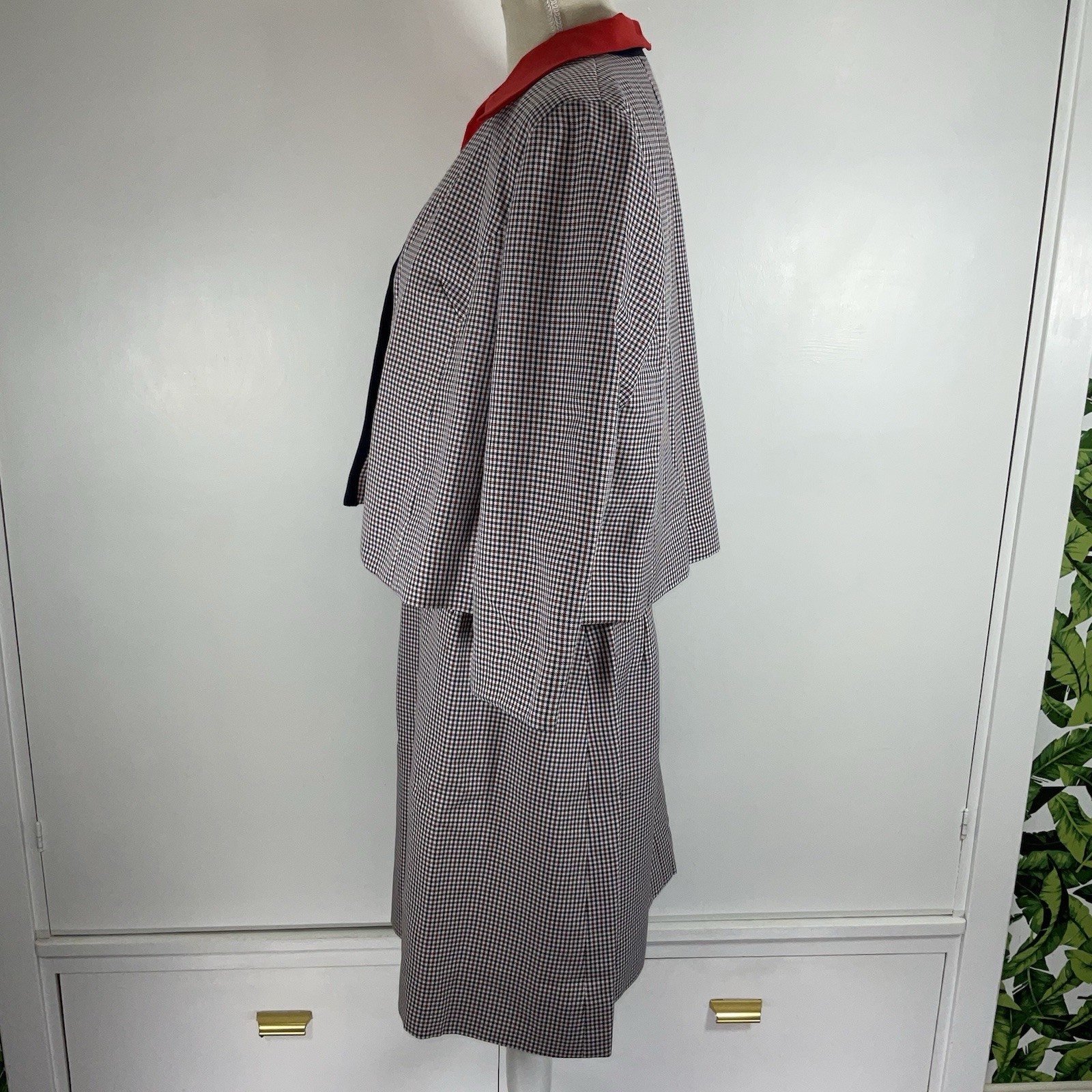 Vintage 60s 70s Handmade Womens 3 Pc Skirt Suit Red White Blue Plaid Gingham Mod