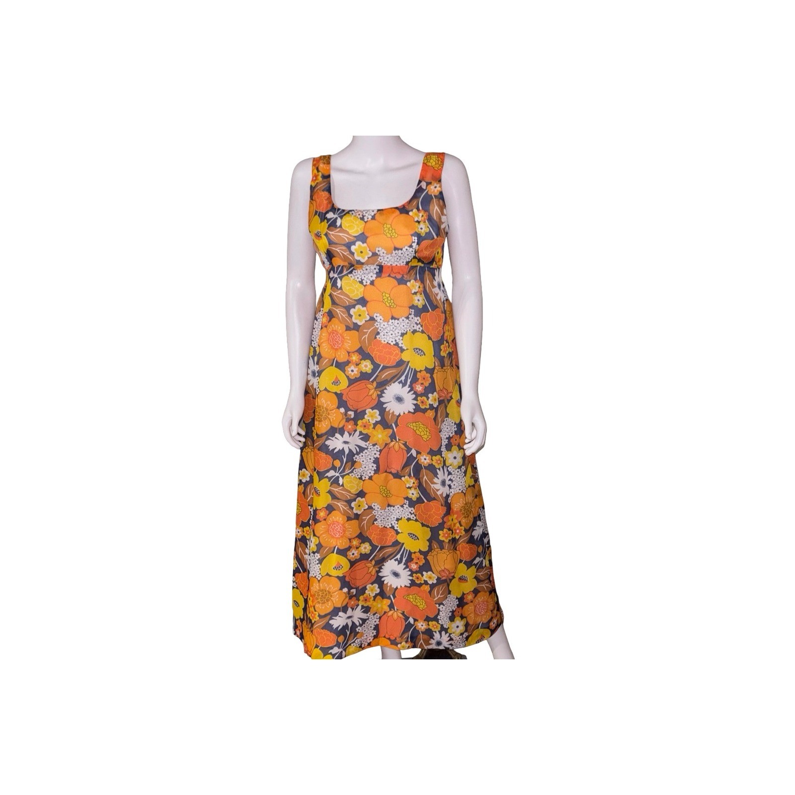 Vintage 70s Floral Maxi Sleeveless Dress Orange Yellow P2P 19″