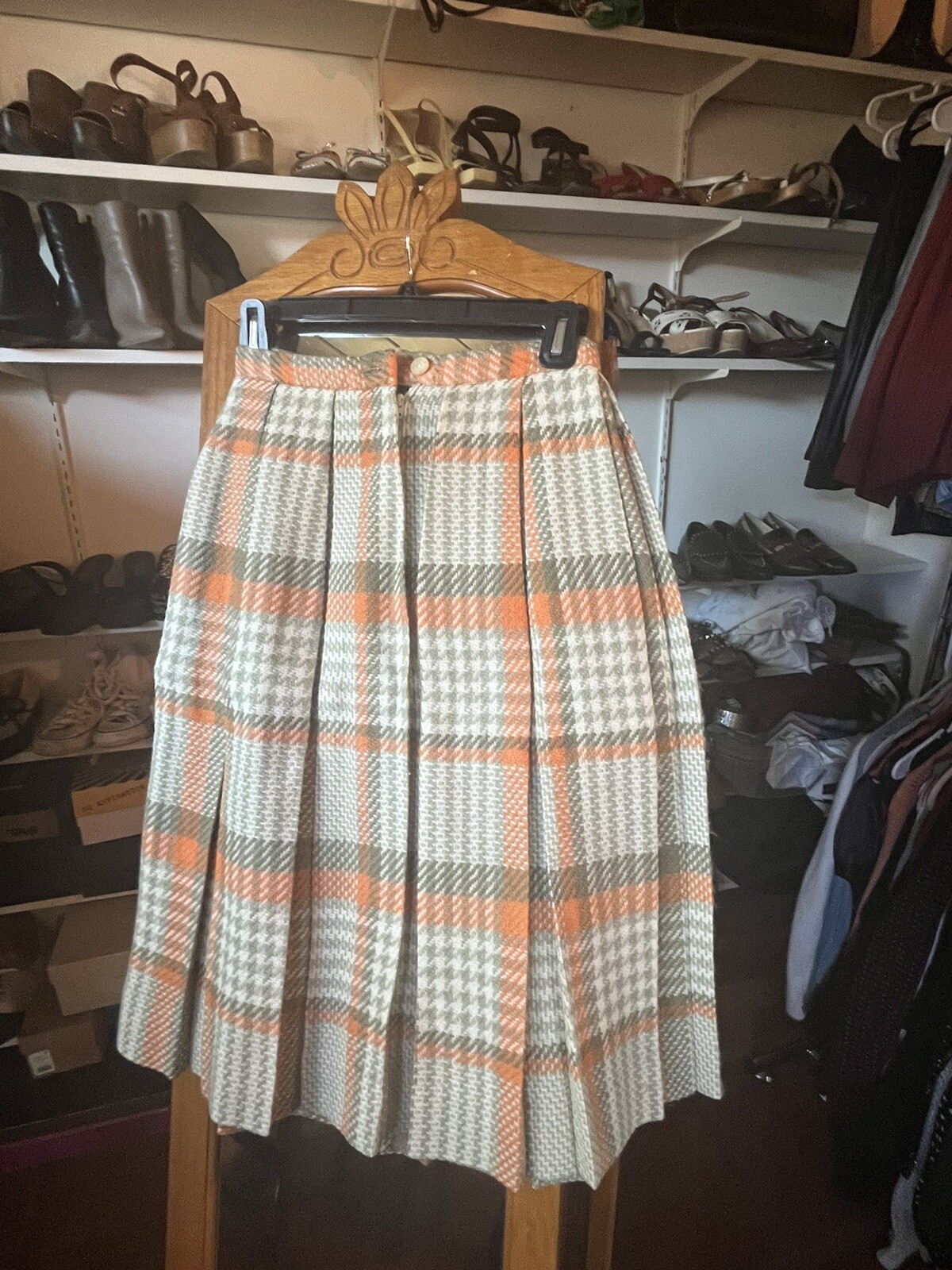 Vtg 1950s 60s Olive & Blue Wool Plaid Pleated Skirt S Just Below Knee Length EUC