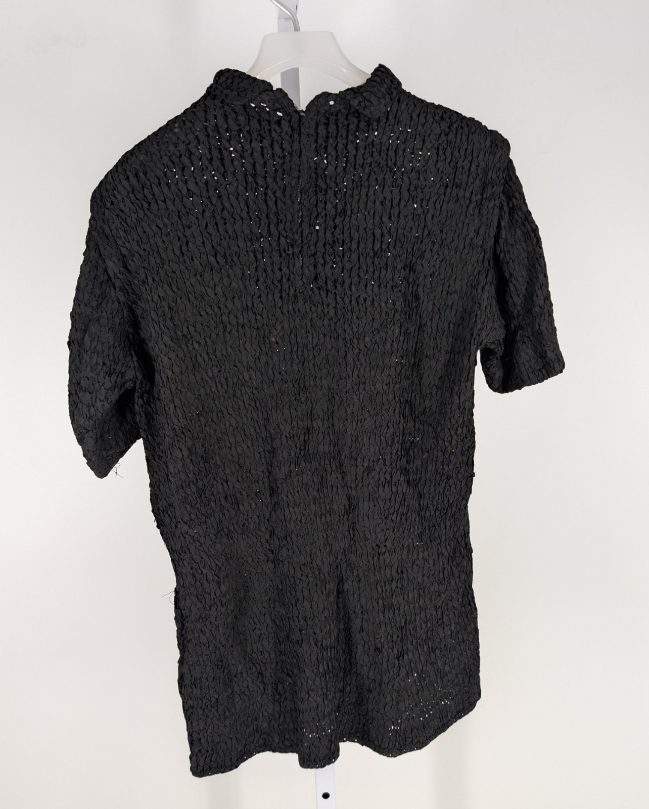 Vintage 50s Black Ribbon Knit Blouse Metal Talon Zipper Crown Patches Rhinestone