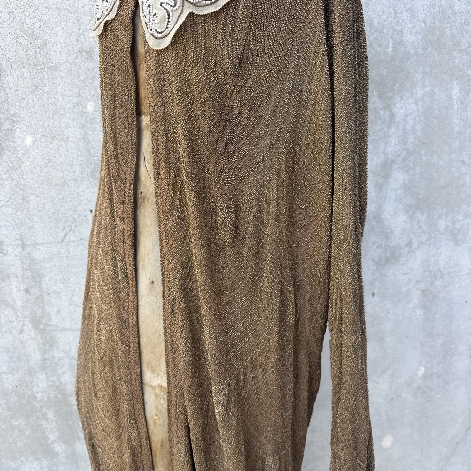 Antique 1920s Completely Beaded Gold Coat Scalloped Hem Art Deco Net Vintage