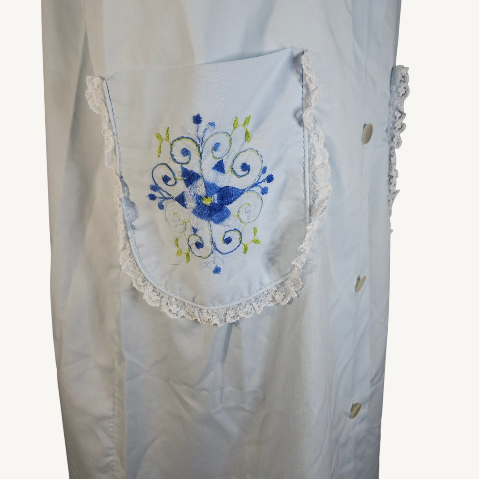 Vintage 70s Sears Comfort Coat Womens House Dress Blue Embroidered Pockets XL