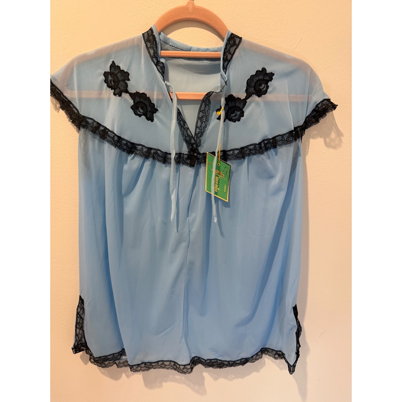 Vintage Juventa France 1940s Deadstock Blue Sheer Lace Lingerie Top Coquette