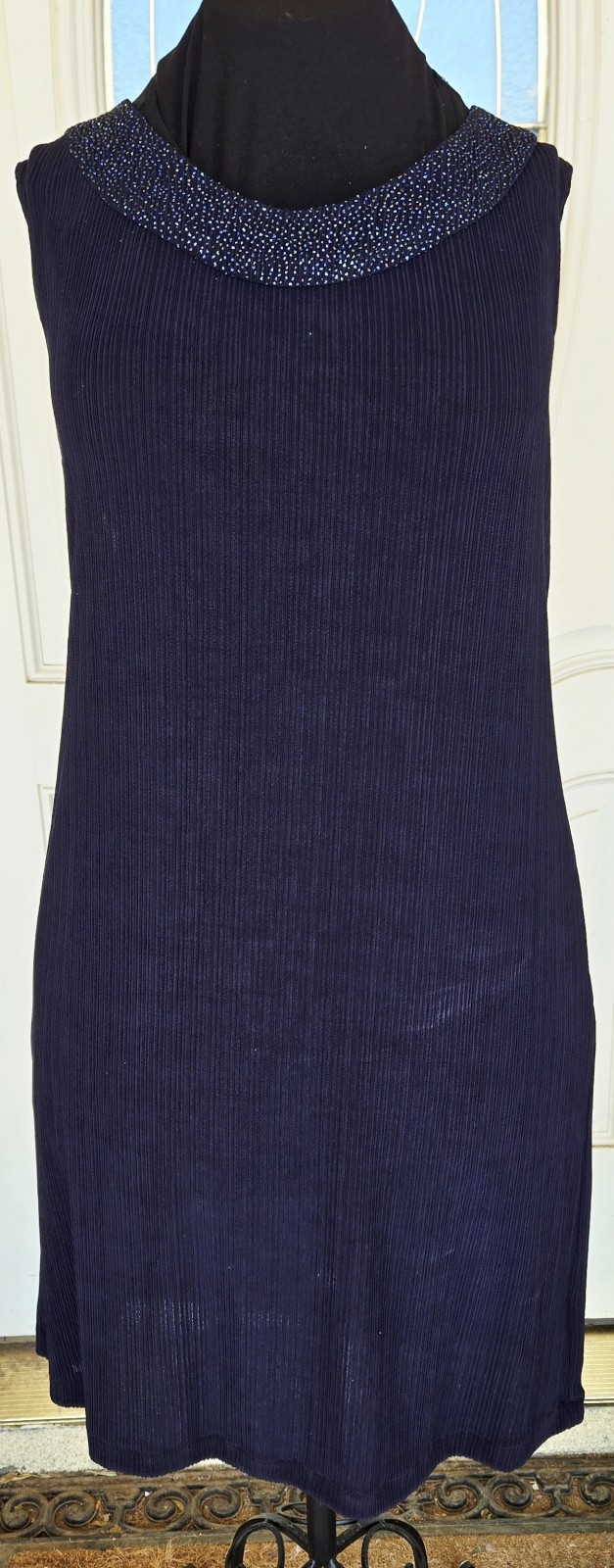 1990s R&M RICHARDS Navy Blue Sleeveless Embellished Neckline Ribbed Dress 14W