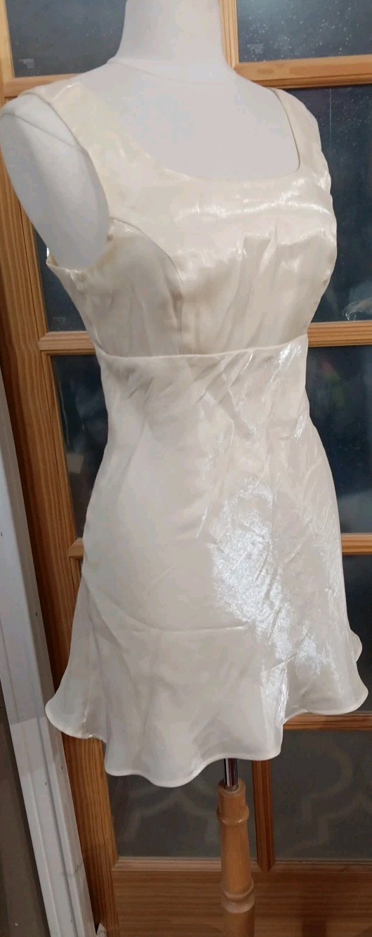 Vintage LA GLO Mini SLIP DRESS White Shimmer Key Hole Back Fit Flare Lined Sz 5
