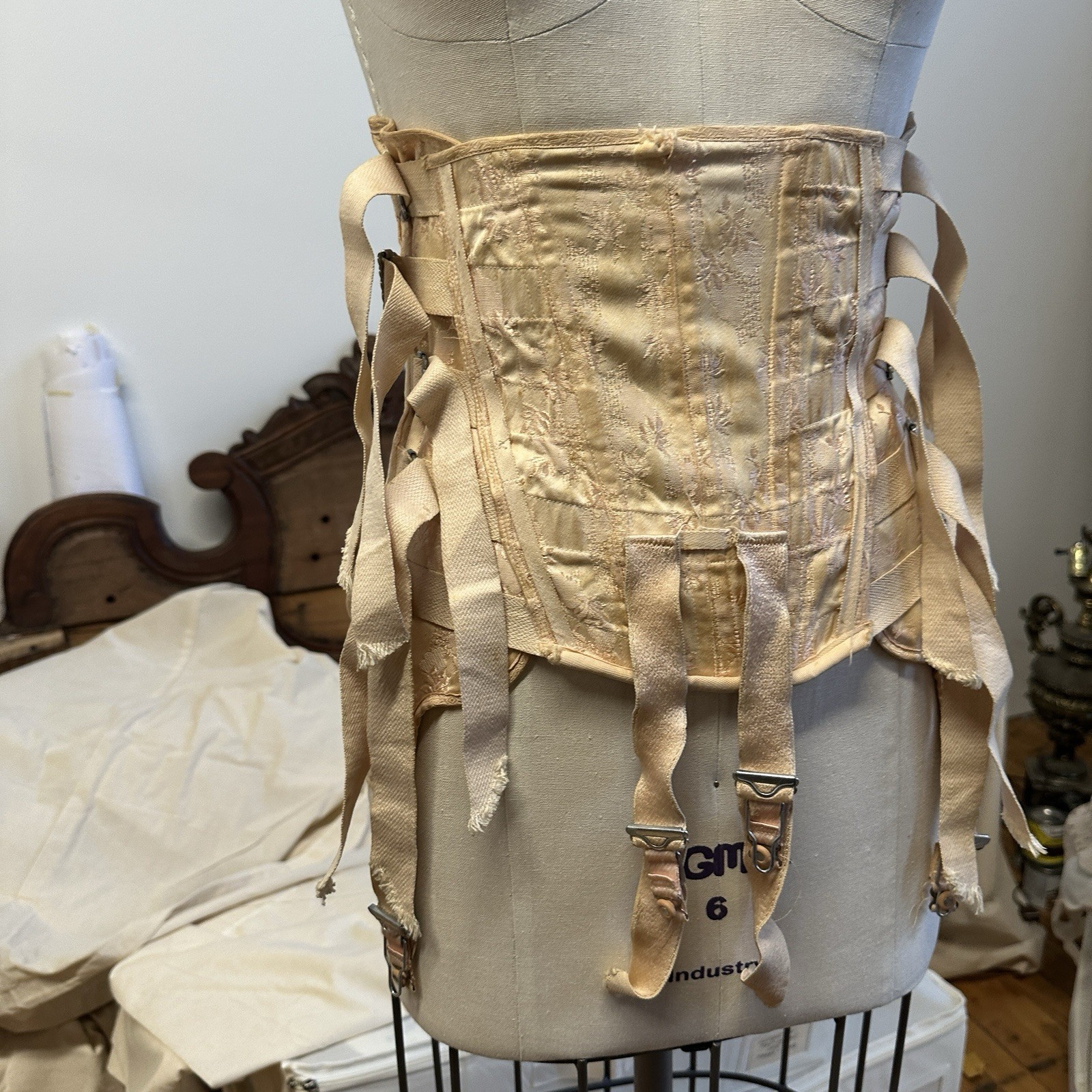 1930s Antique Silk Floral Girdle with Garters Floral Pattern Silk Corset