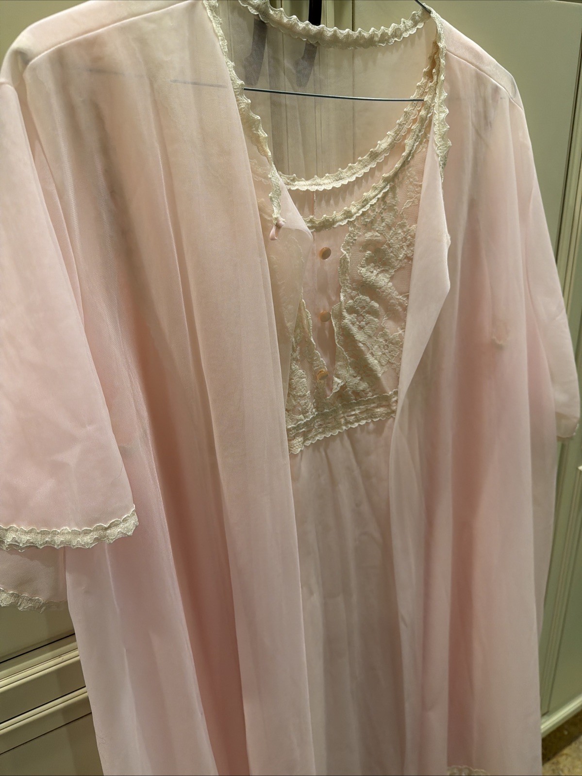 Vintage Lingerie Set Pink Lace Satin And Soft Tulle Robe And Sweet Nightie XL