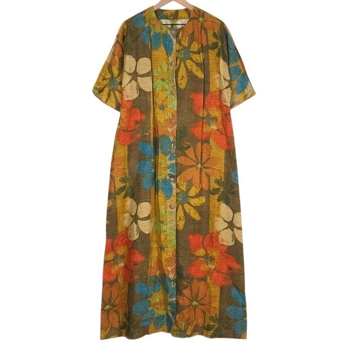 VTG 70s Floral Button Front Maxi Dress Duster Sz L Earthy Retro Homemade