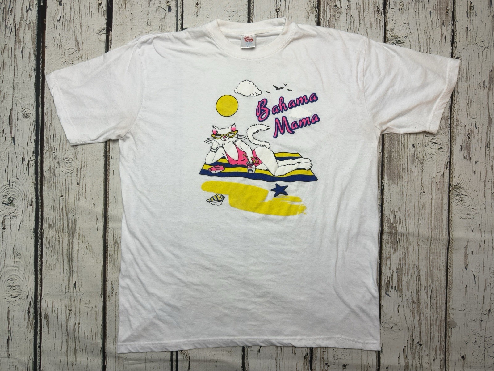 VTG Bahama Mama Tanning Cat On Beach Kitty 90s Dorsett White Women’s T-Shirt XXL