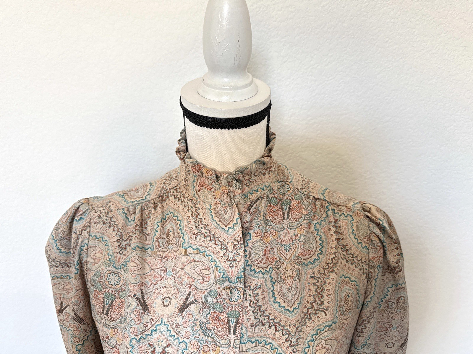 1970s 1980s Silky High Neck Ruffle Collar and Cuff Blouse