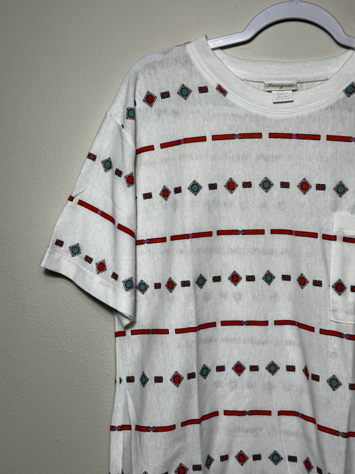 Vintage 1980’s Woman’s Incognito Pocket T-Shirt Geometric Shapes Design Size Med