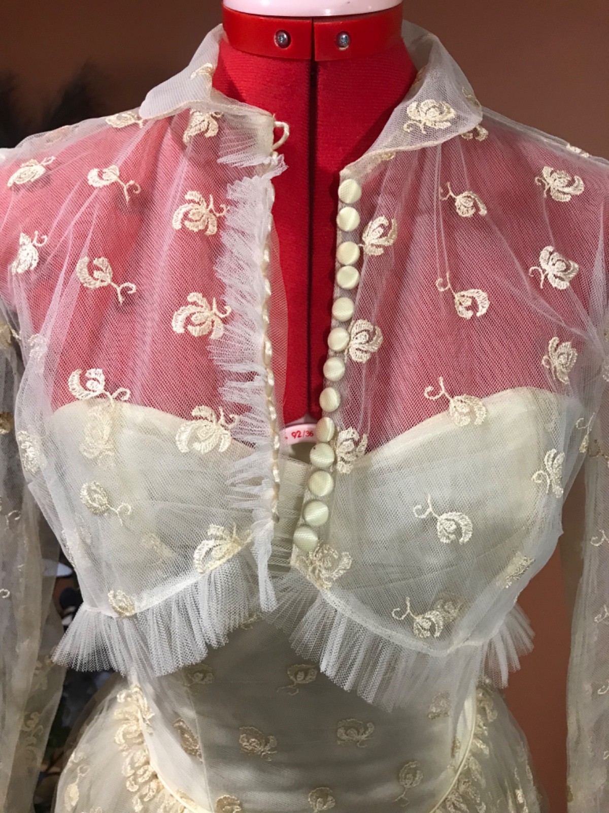 50’s ivory layered tulle lace overlay XS wedding dress with matching crop jacket