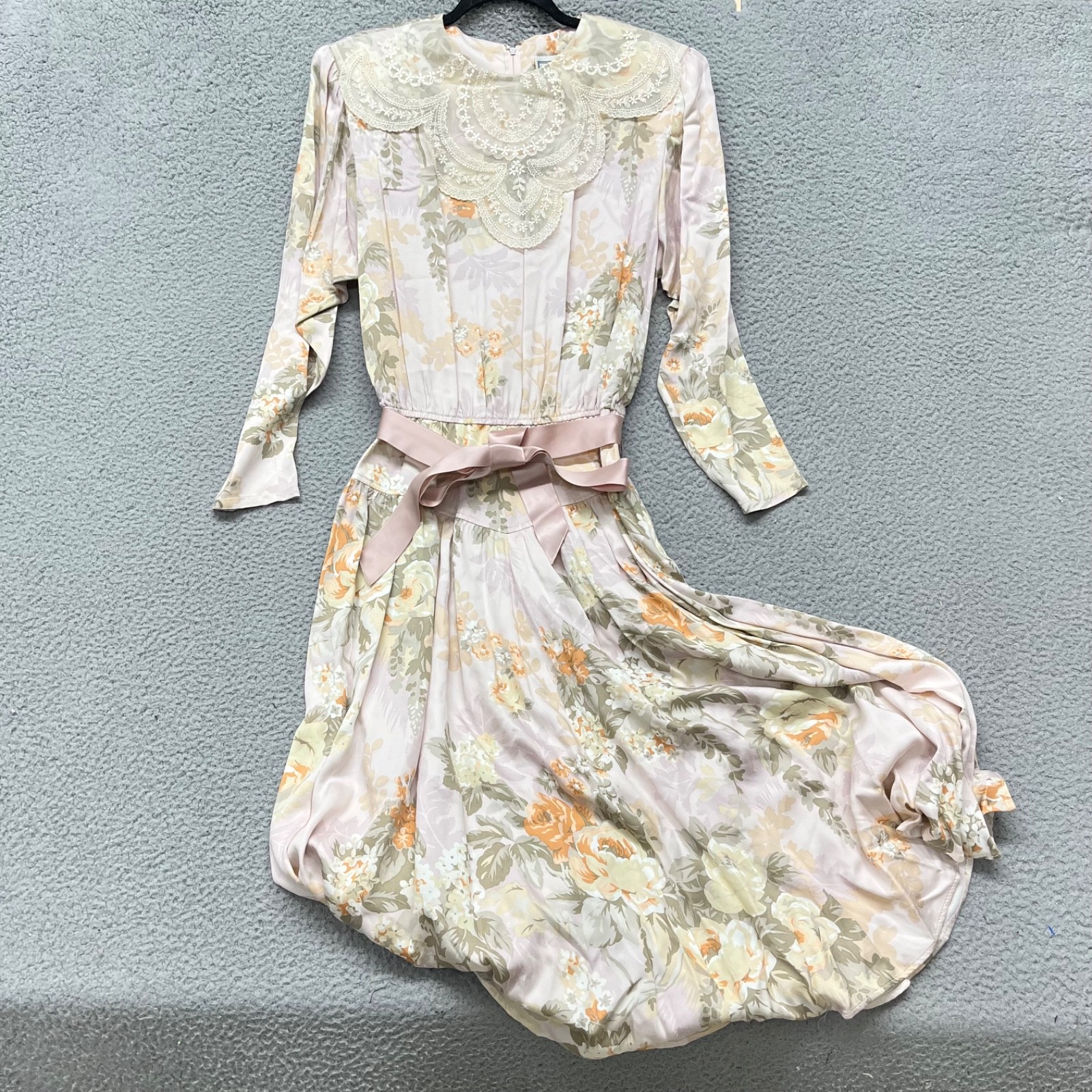 Vtg Donna Morgan Dress Womens 11/12 Pink Floral Midi Belted Lace 90’s 80’s Retro