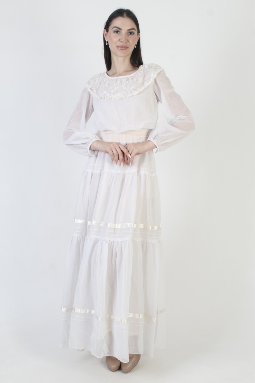 Vtg 70s White Victorian Dress Sheer Lace Boho Prairie Monochrome Wedding Gown