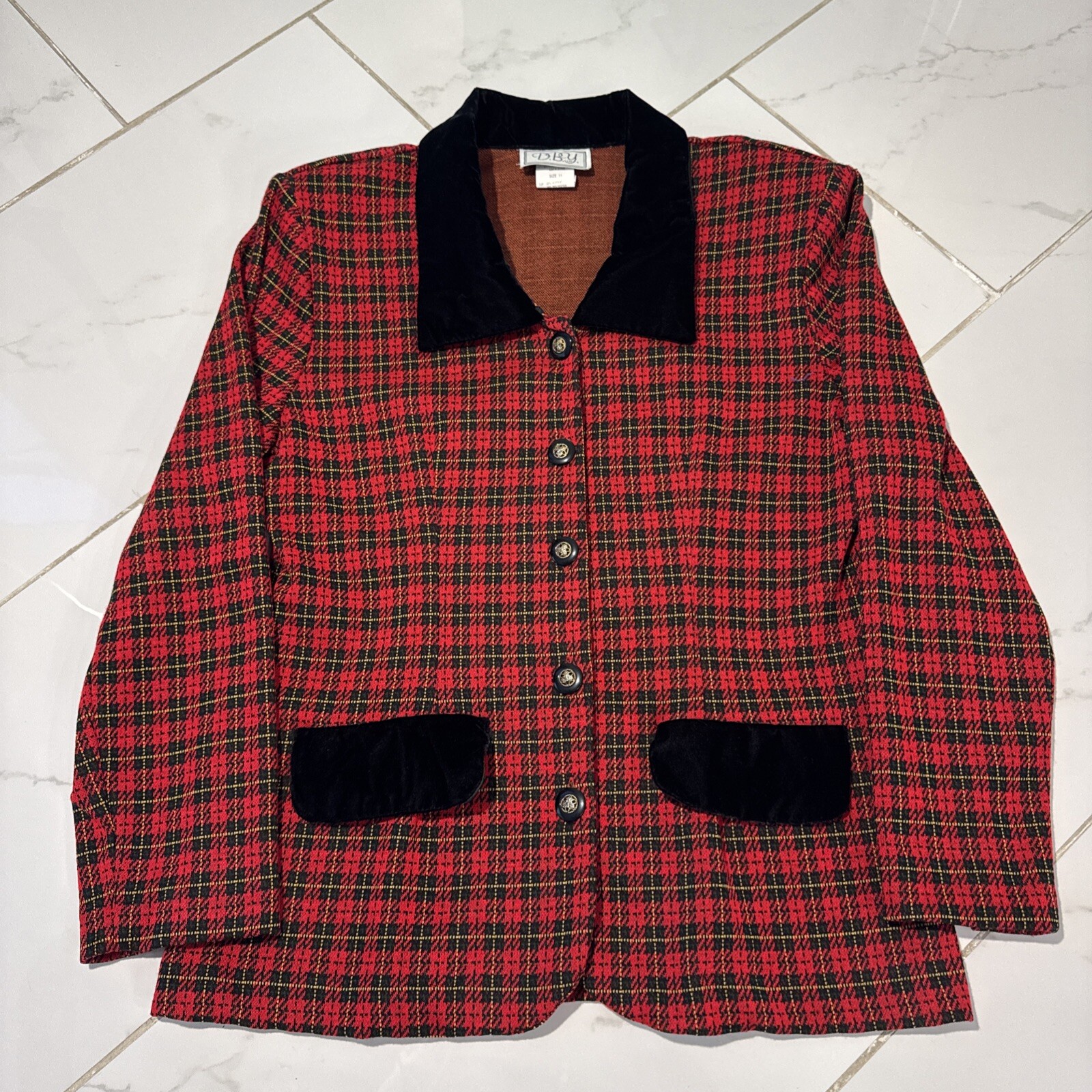 Vintage 80s D.B.Y. Red Plaid Acrylic Blazer Top Size 11 Secretary