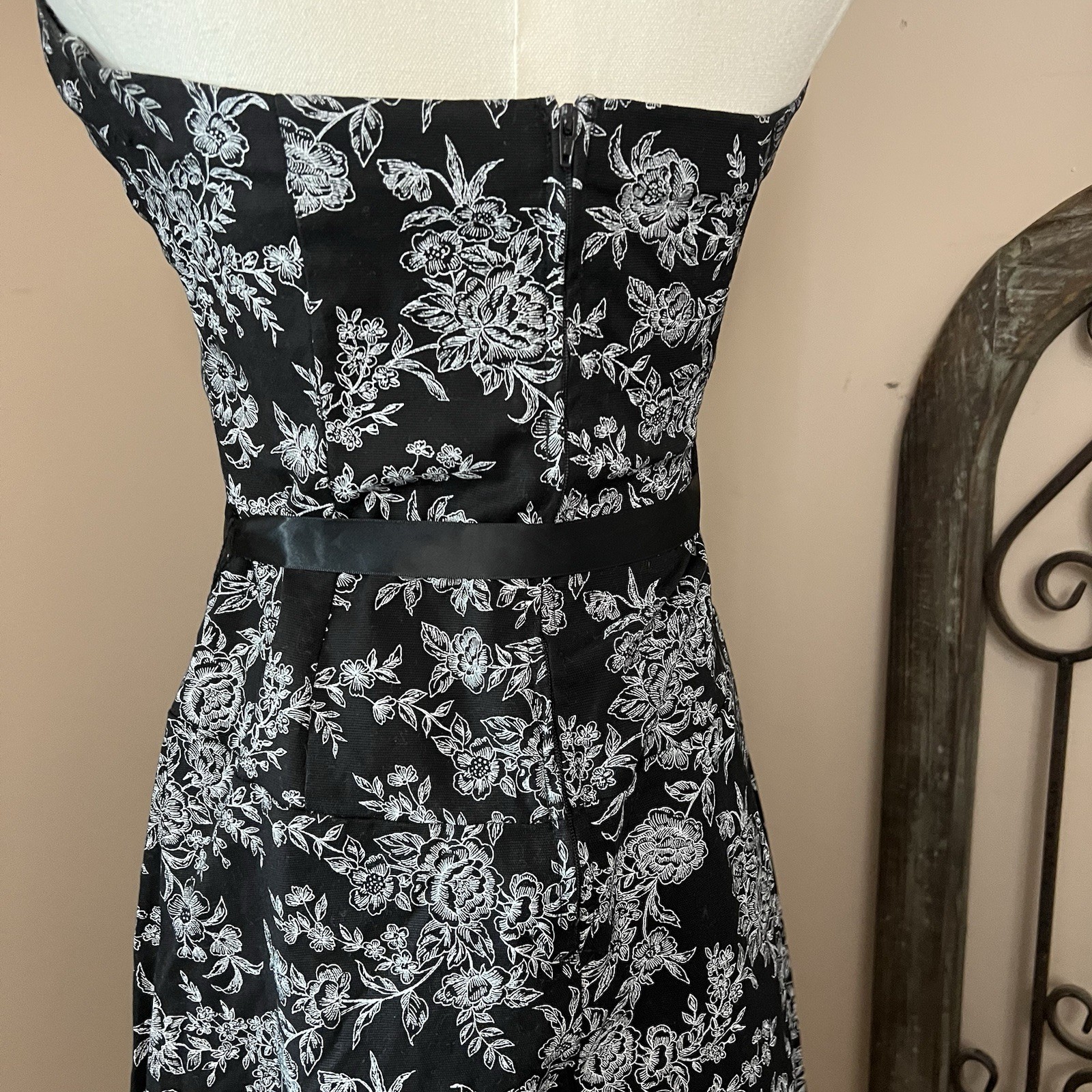 Vintage 90s does 50s Black Floral Toile A Line Strapless Dress Sz Med Gothic