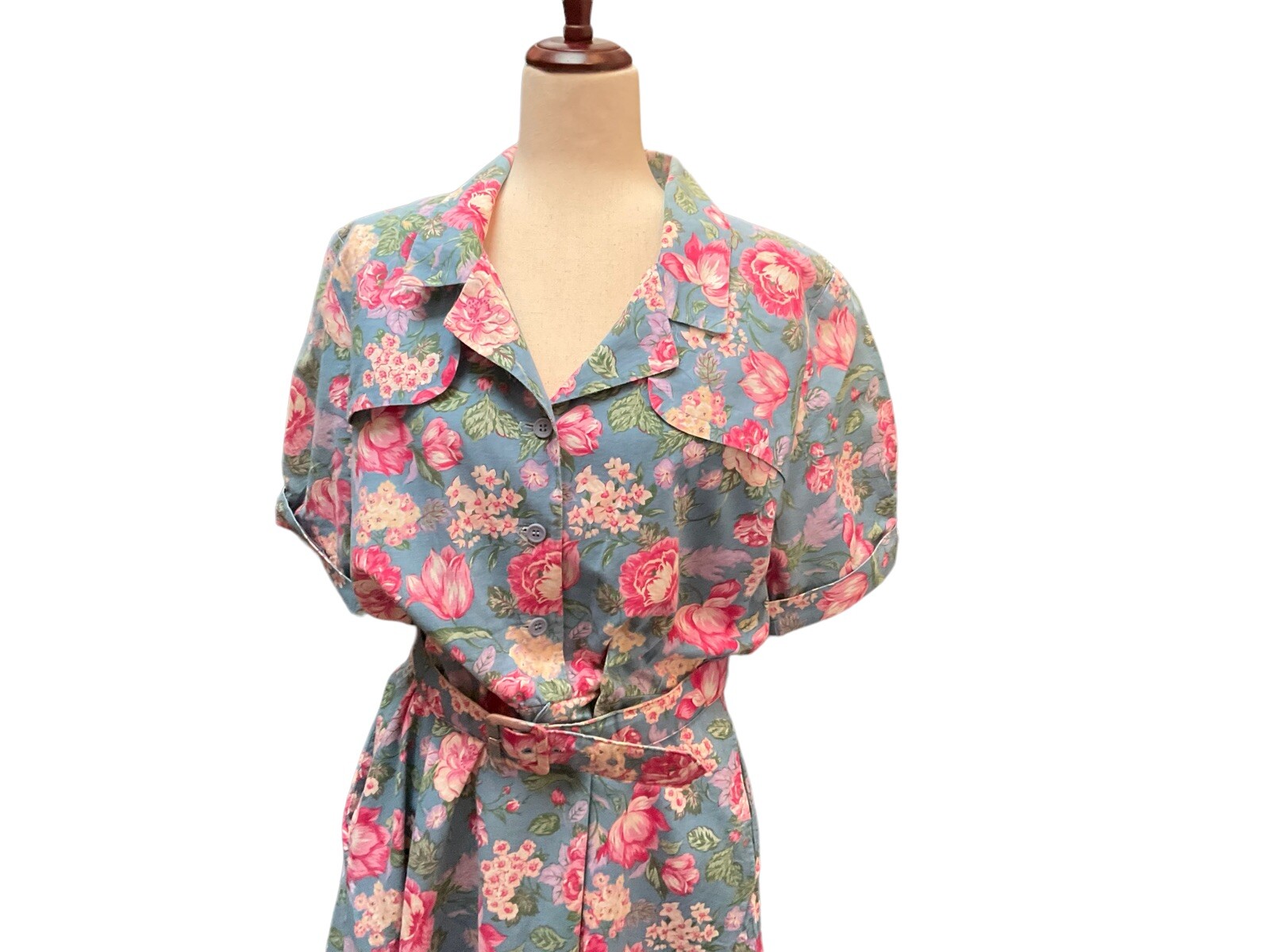 Vintage 1980s Dress MGM Cotton Midi Secretary Floral Blue Pink Sz 14 Belt Pocket