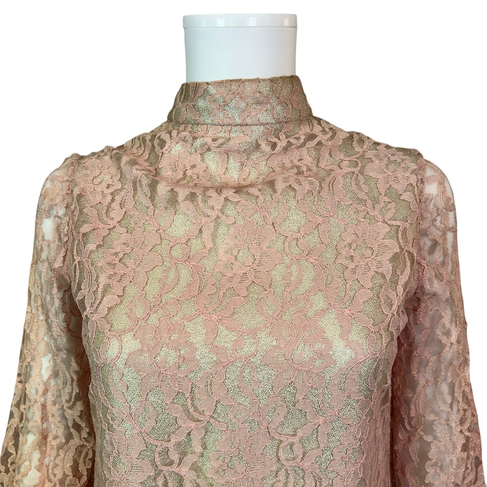 Vtg 60s Pink Metallic Lace Mini Dress S/M High Neck Mod Party Go-Go Sheer Sleeve