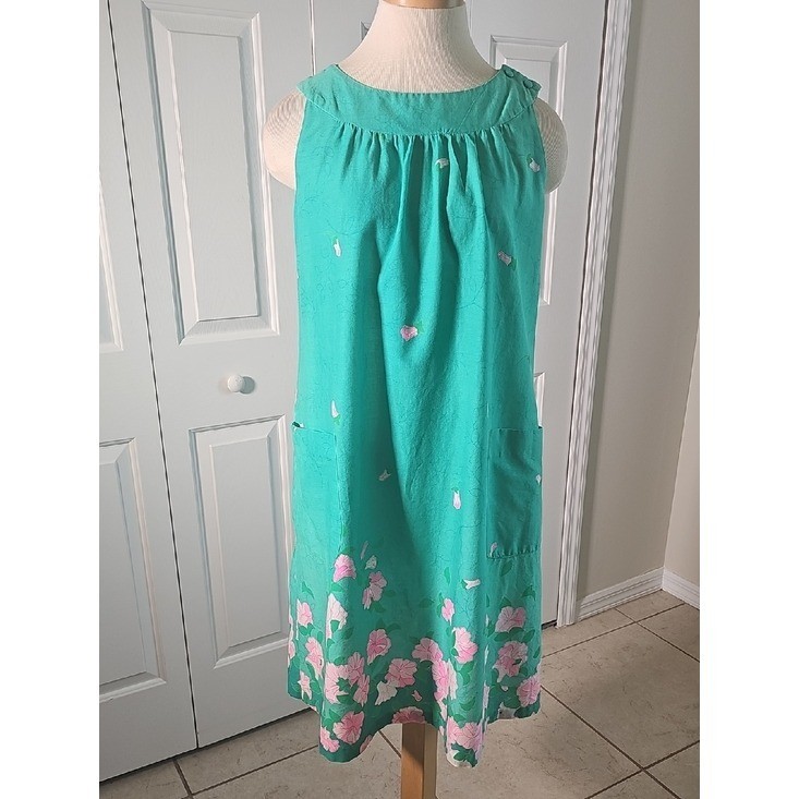 Malia Vintage Hawaiian Shift Dress Womens Sz 8 Green Floral Retro 60s 70s Cotton