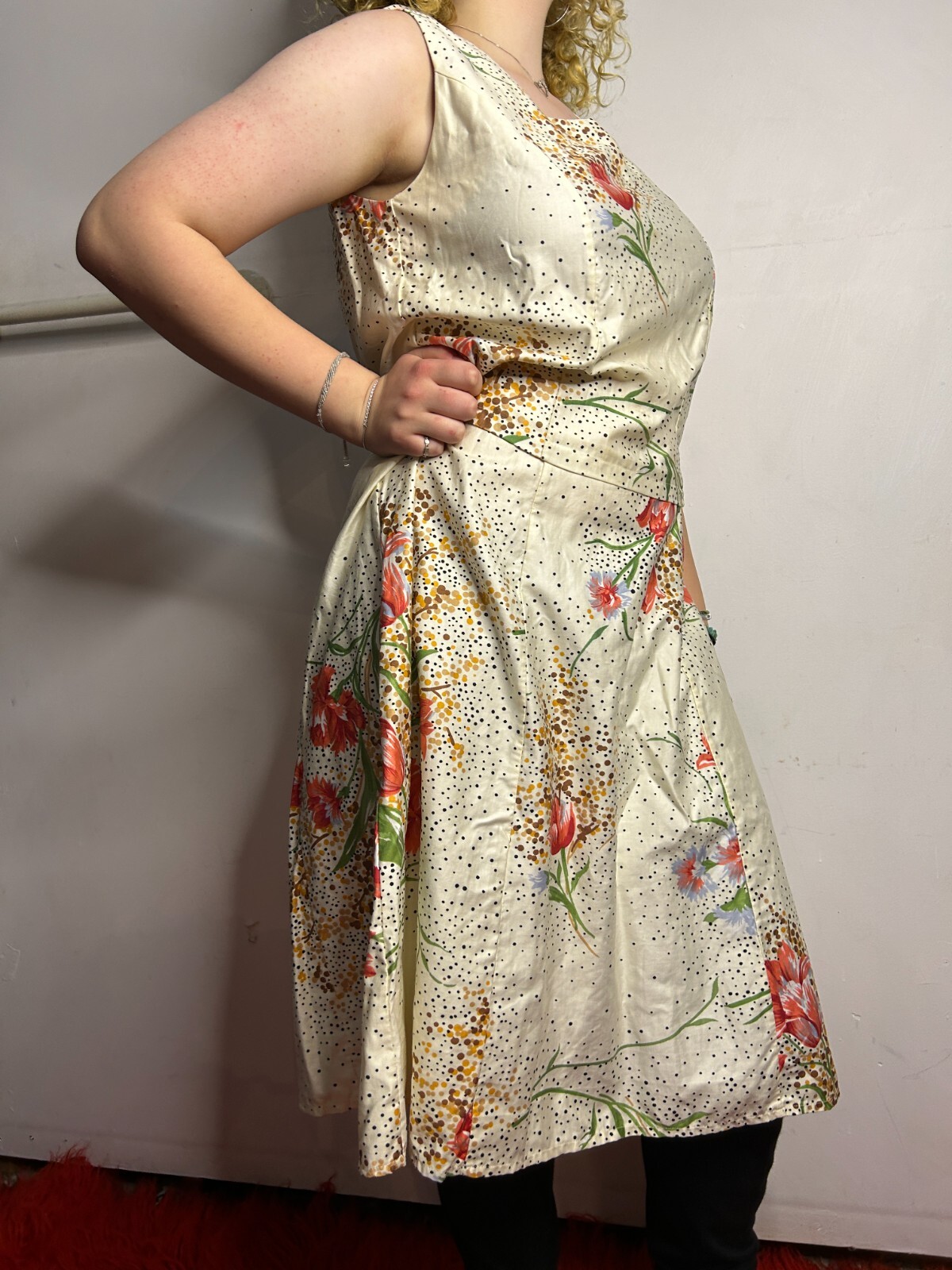 Vintage Handmade Cotton Blouson Dress Square Neckline Floral A-Line AU 12-14
