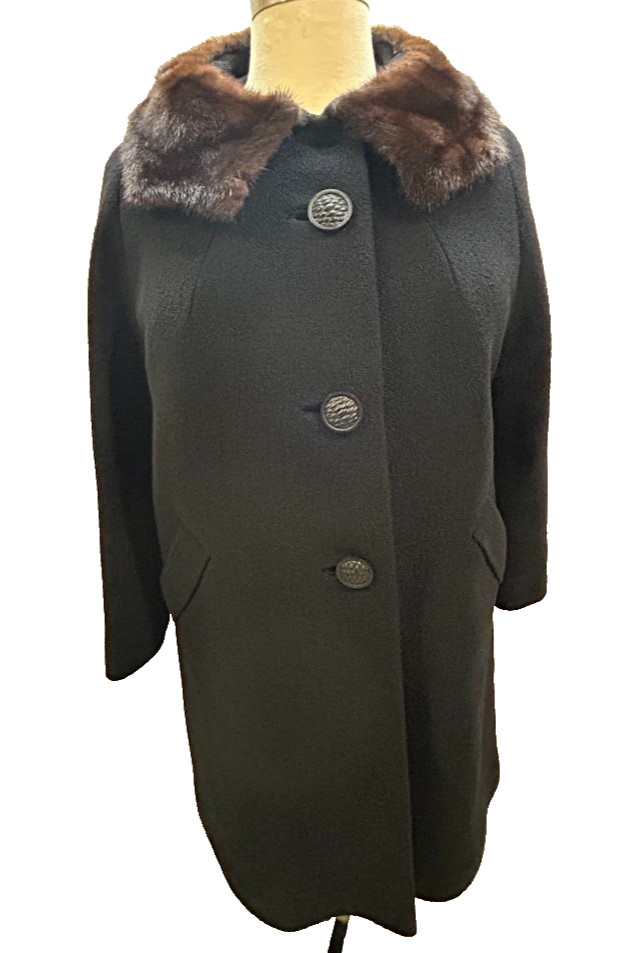VTG ILGWU Union Made Wool Opera Swing Overcoat Black Fur Collar Women Sz 2XL