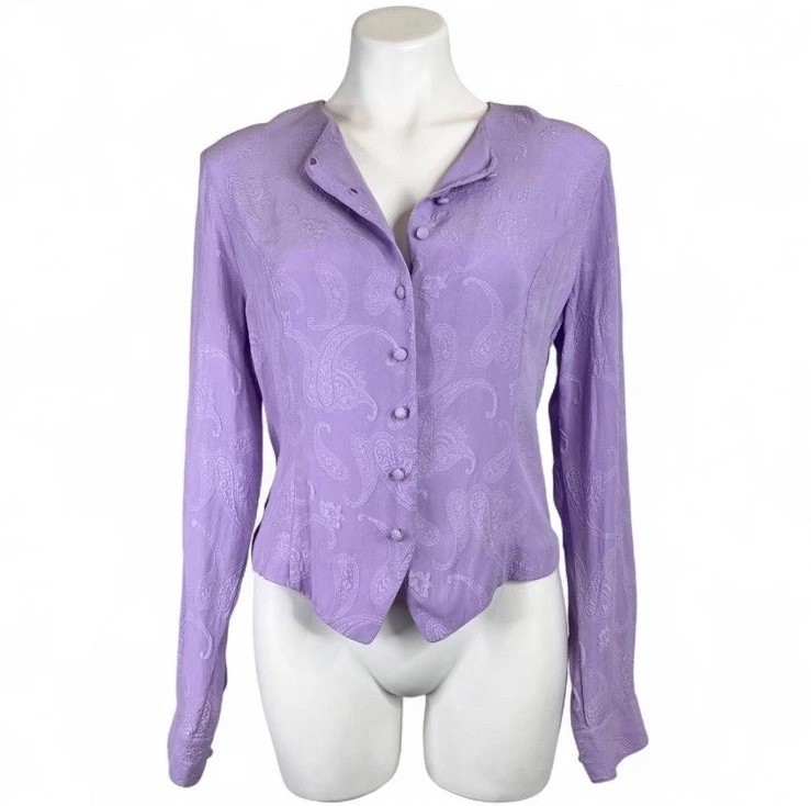 Vintage Christie & Jill Purple Silk Paisley Button Up Blouse Western Boho Size 6
