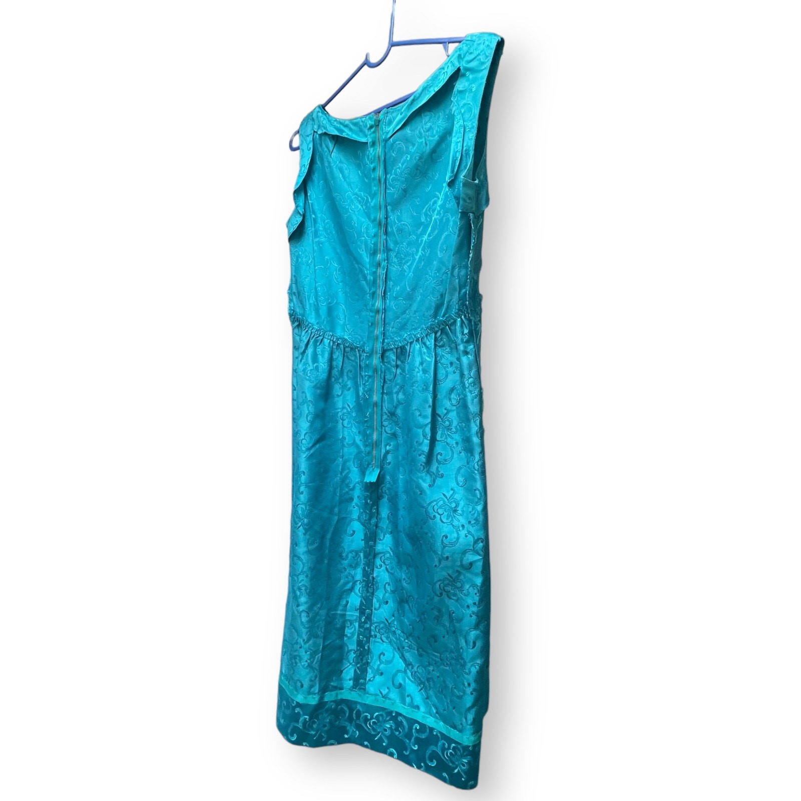 1960’s Empire Waist Teal Blue Chinese Floral Brocade Sleeveless Dress With Bows