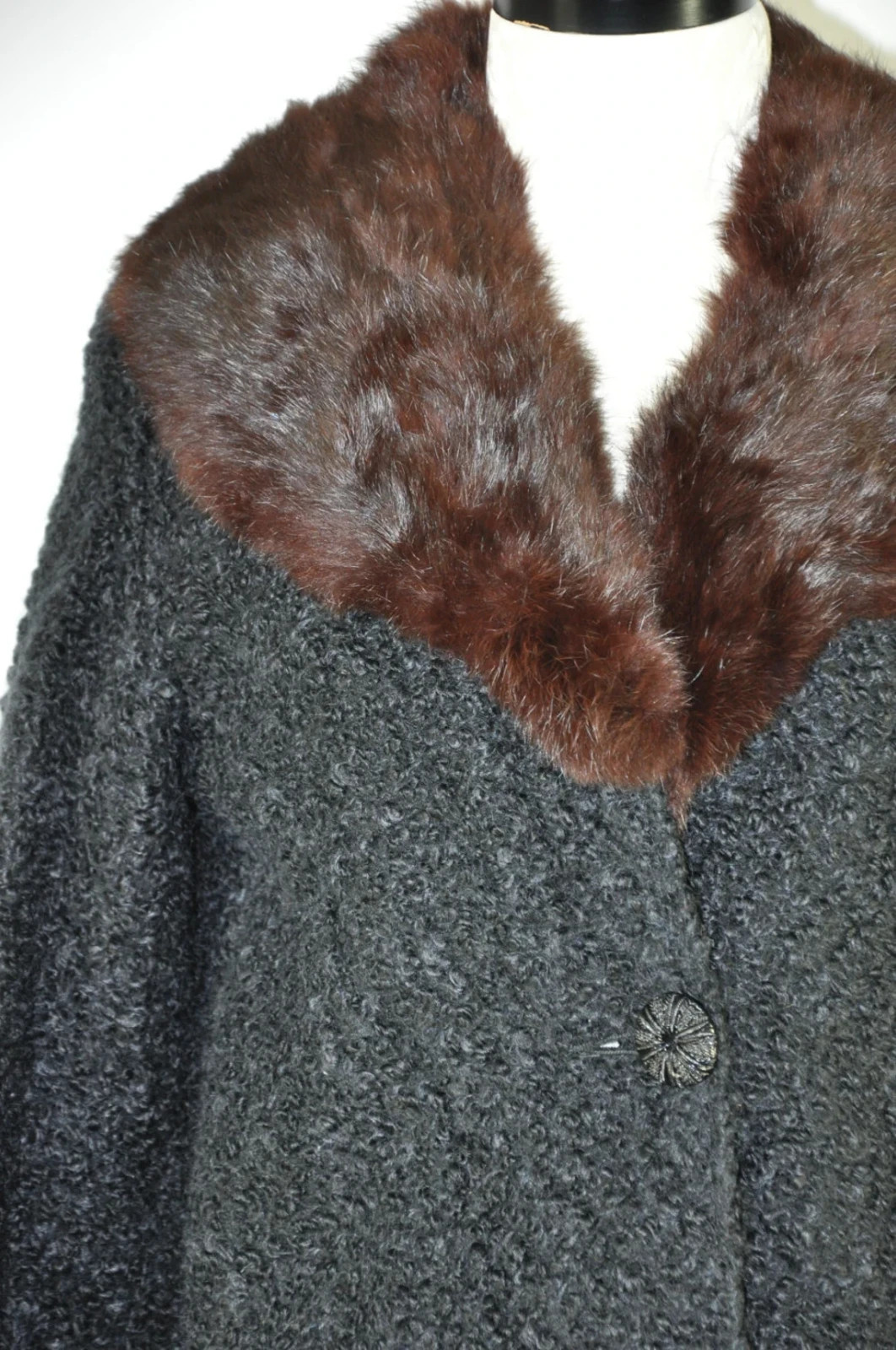 50s Black Boucle Brown Mink Fur Collar Boxy Evening Jacket Short Coat Women M