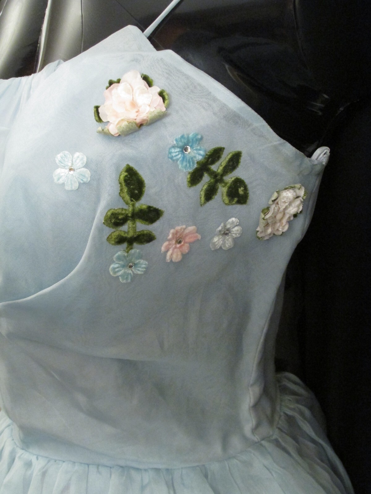 Vintage 50’s 50s Blue Applique Silk Chiffon Organza Party Prom Wedding DRESS