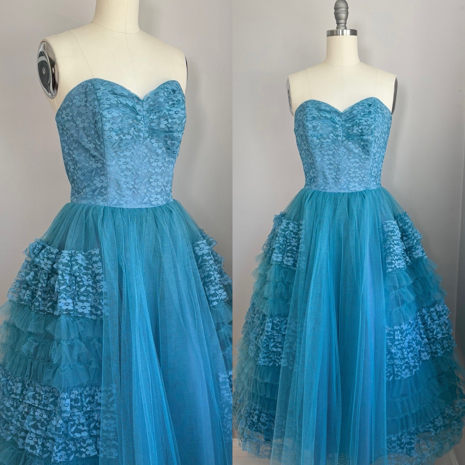 Vintage 1950’s Blue Ruffled Tulle & Lace Strapless Cupcake Prom Party Dress XS