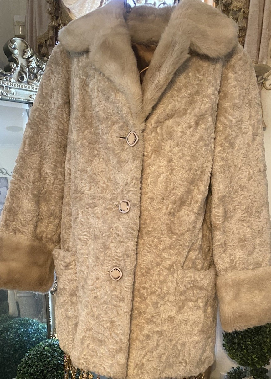 Vtg 60s Cream Colored Penny Lane Curly Lamb Faux Fur Coat Russell Taylor Sz L