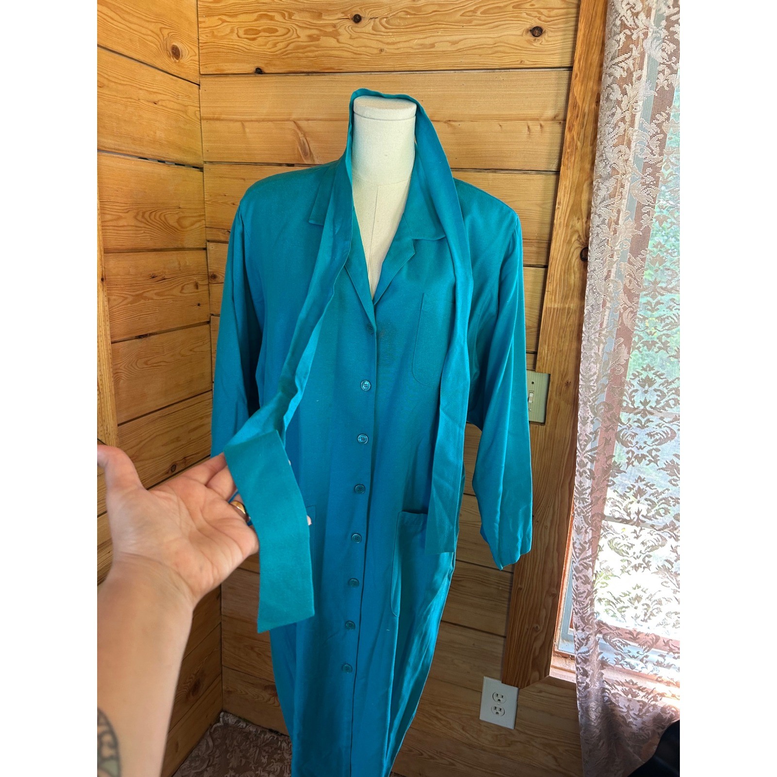 Vintage Silk Shirt Dress Women Size 14 Turquoise Teal Blue Midi Michel Laurent