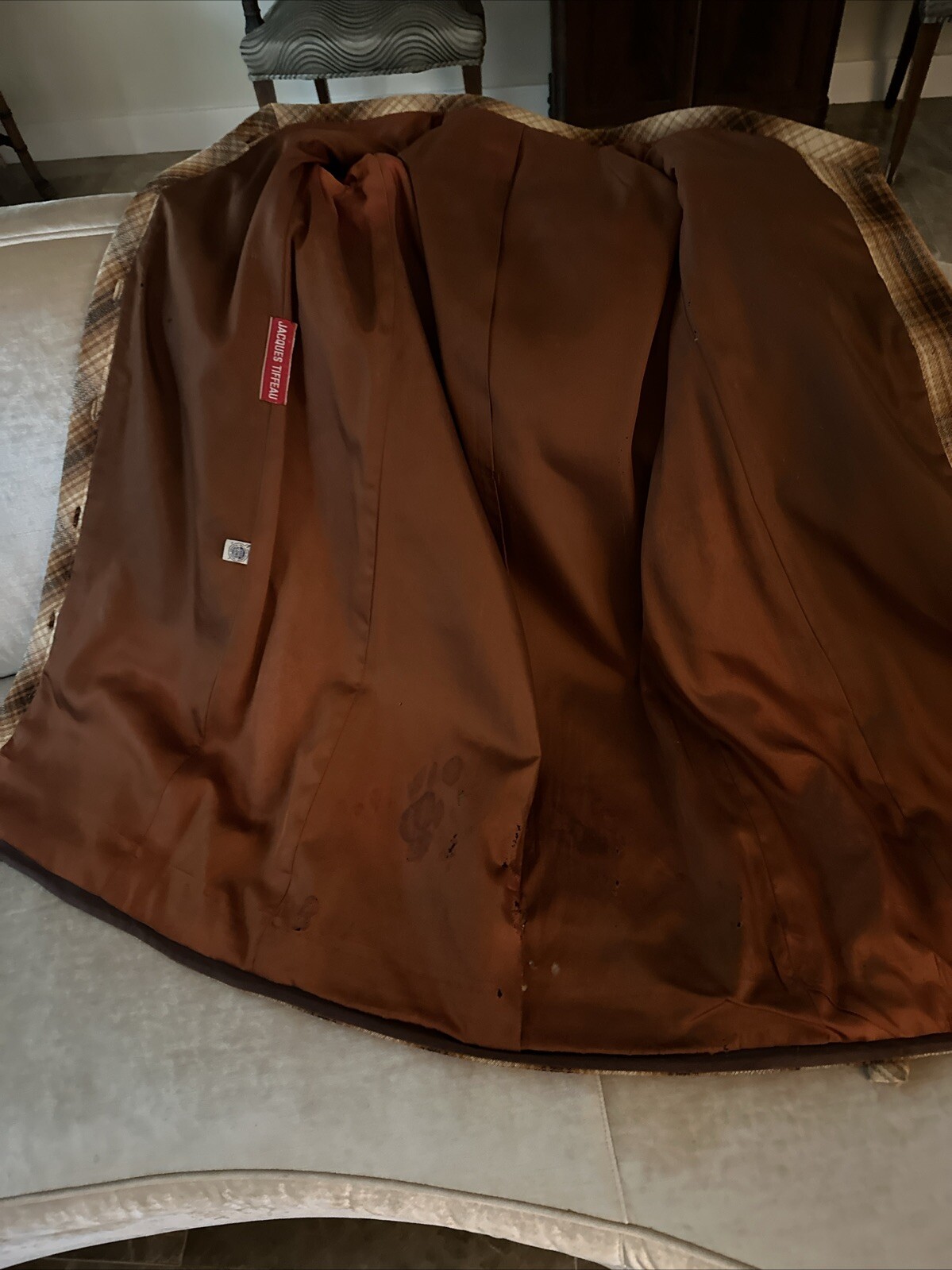 Jacques Tiffeau 60s Brown Tones Wool Blanket Plaid Coat & Pleated Skirt Set S