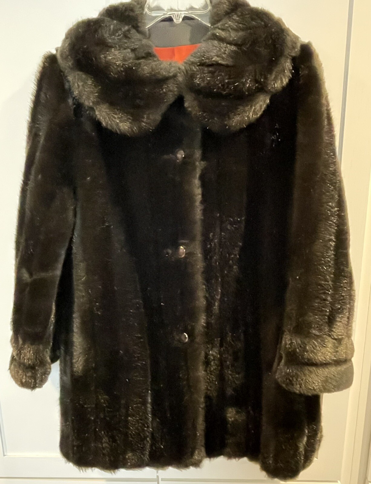 Vtg 1960 Black Faux Mink Fur Coat Shawl Collar Mar-Del Rice + Betmar Bucket Hat