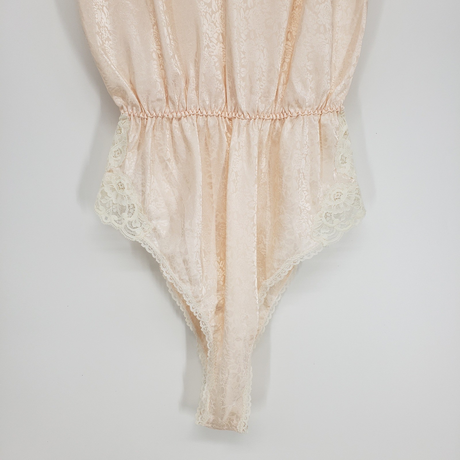 Barbizon Vintage Lace Trim Teddy Bodysuit Womens Small Peach Floral Jacquard 80s