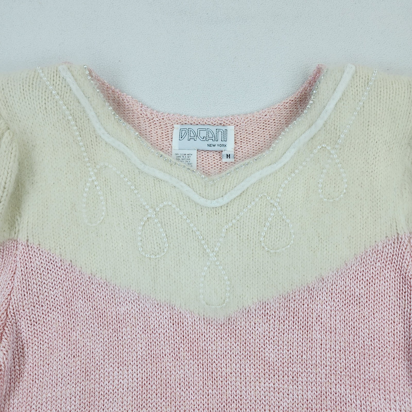 Vtg 80s DACANI Pink Knit Skirt Sweater Set Rhinestones Angora Shoulders Beaded