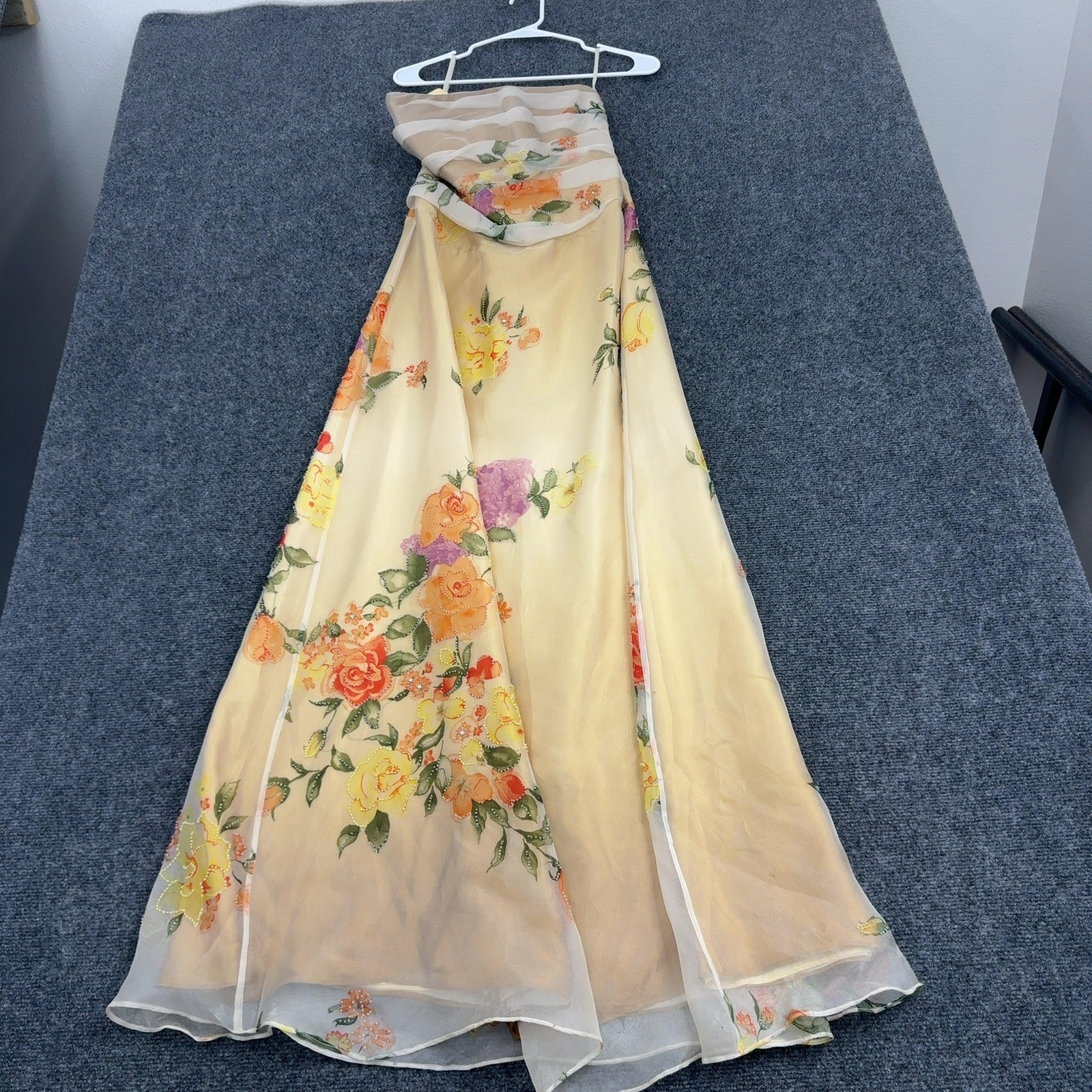 Vintage Jovani Dress Womens 8 Yellow Silk Floral Beaded Strapless Gown Formal