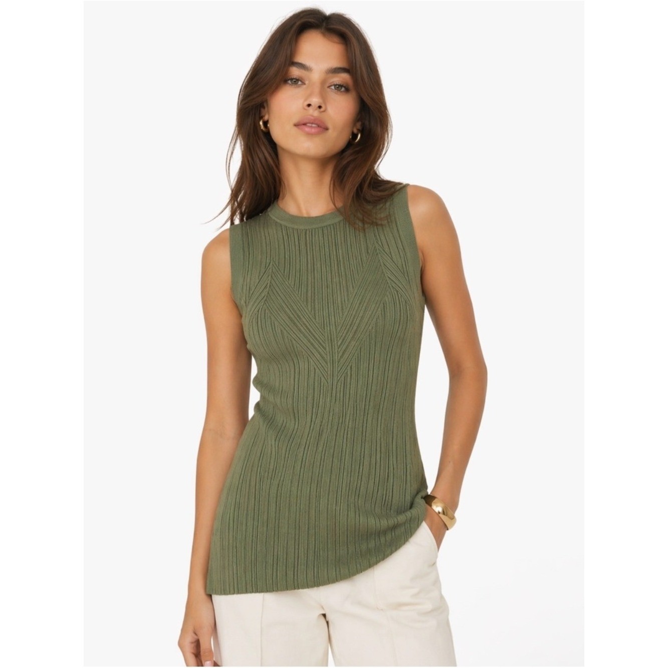 Veronica Beard Semma Ribbed Knit Sleeveless Sweater Tunic Green Large NWT