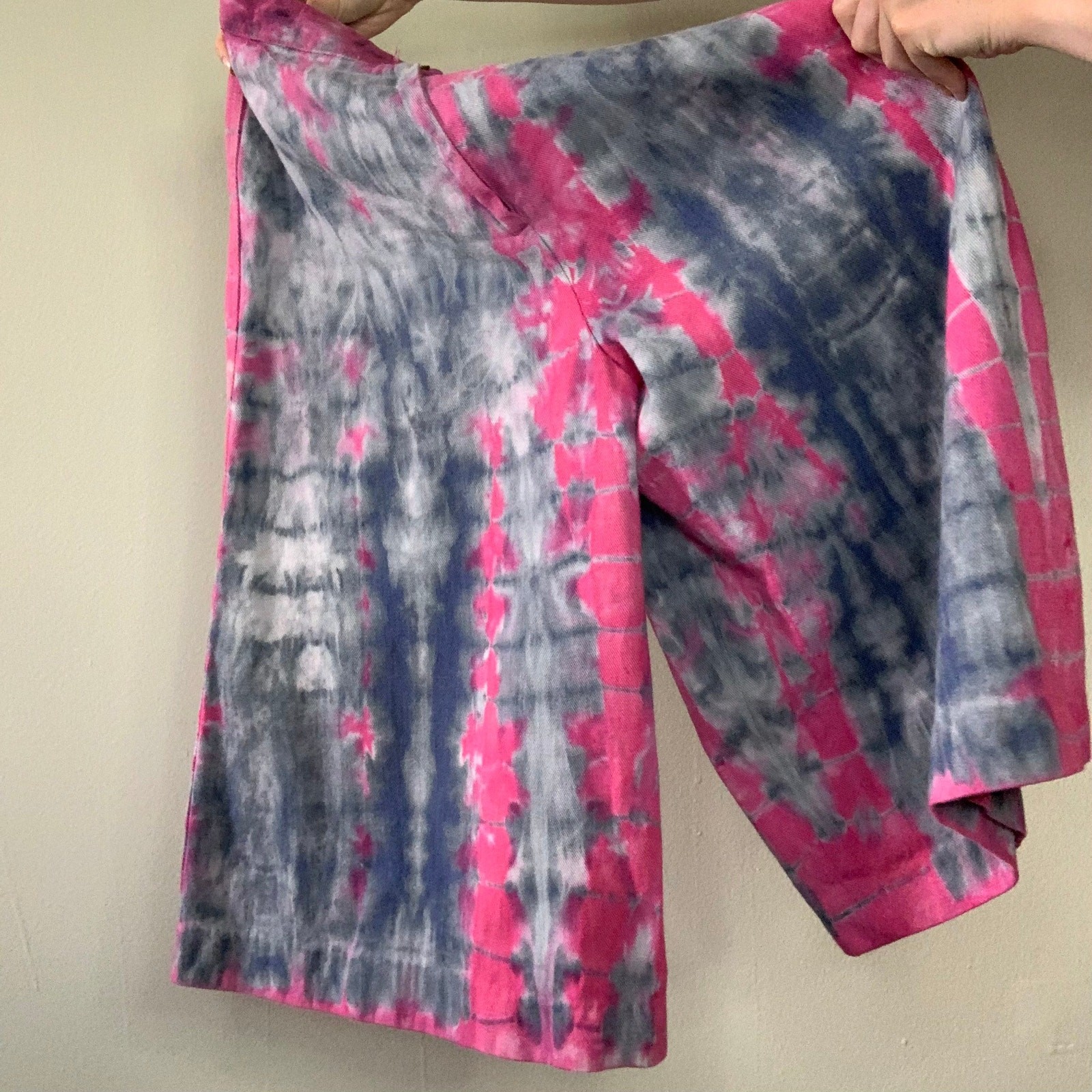 Unique Hand Dyed Vintage Shorts Culottes Blue & Pink Reverse Shibori Tie Dye
