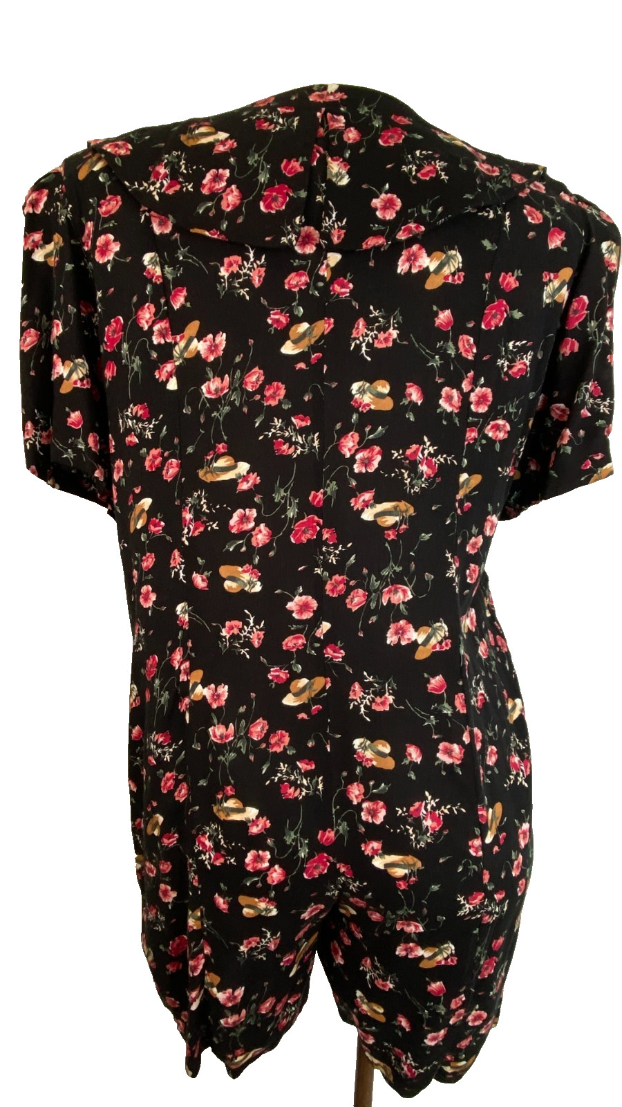 Vintage 1990s black pink romper XXL novelty print hats floral rayon plus size