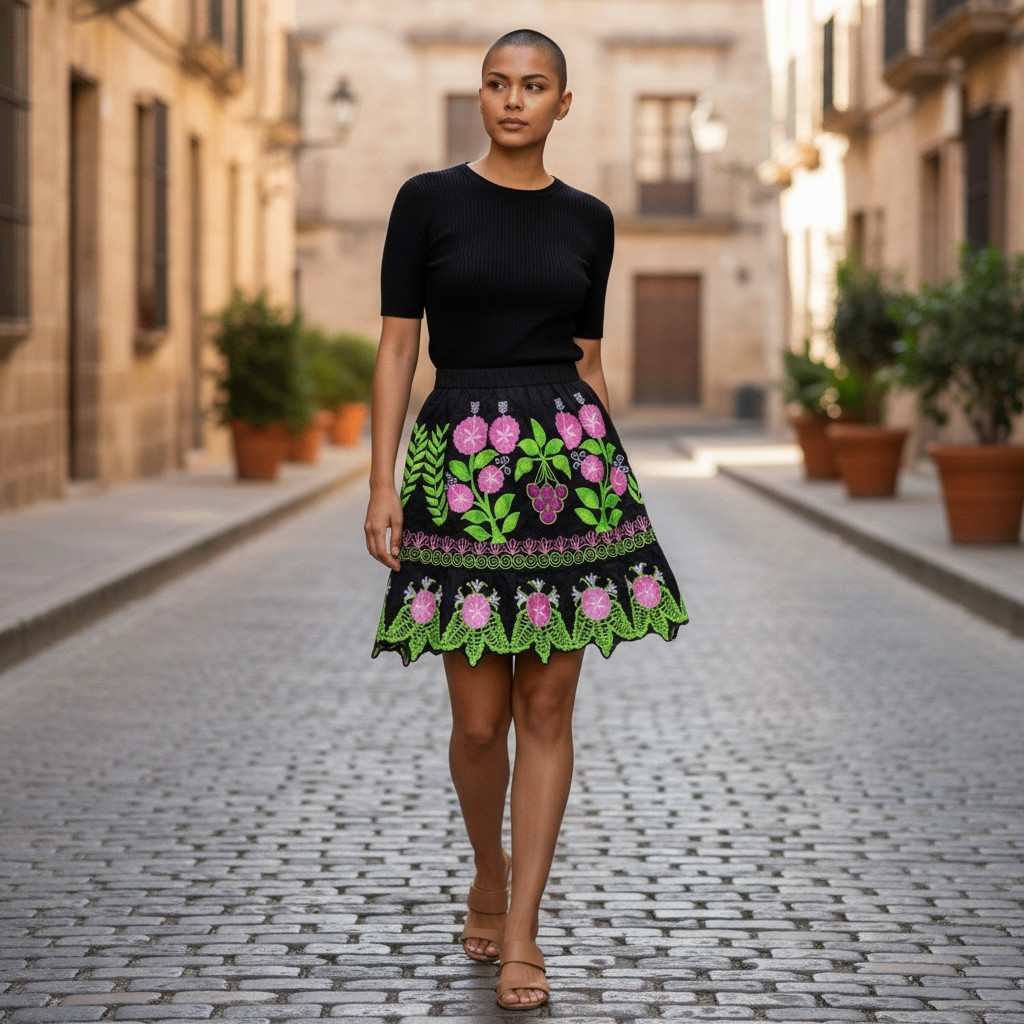 Vintage Embroidered Floral Folk Art Skirt Black Pink Green Elastic Waist