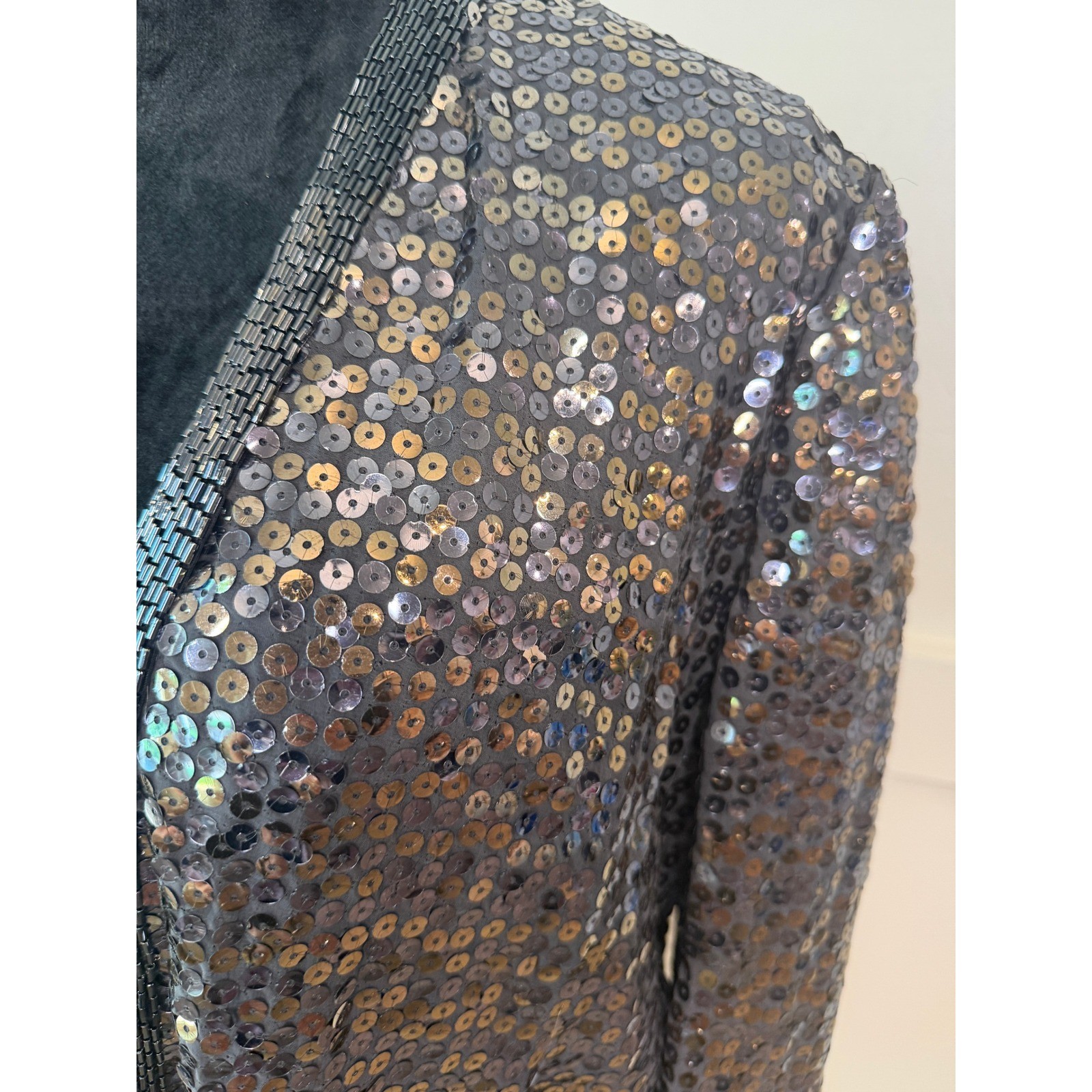 Jill Richards Vintage Sequin Blazer Jacket Gunmetal Grey Beaded Open Front 14