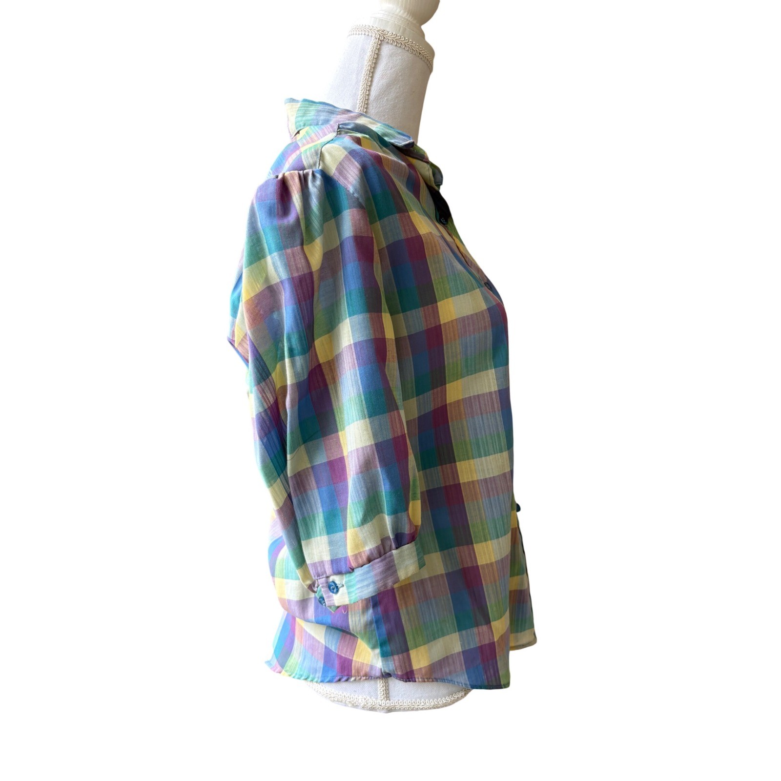 Cheryl Tiegs Rainbow Plaid Puff Sleeve Button Down Shirt Womens M Vintage 80s