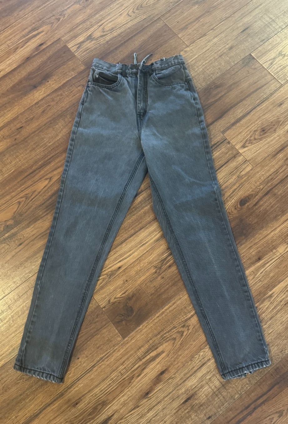80s BON JOUR Black Zipper/Tapered Ankles Jeans Leather/Tie Back Waist 24×30 READ